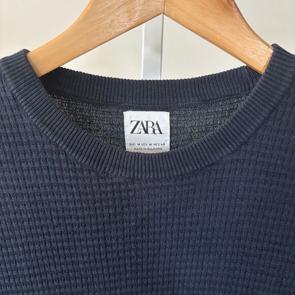 Zara Navy Textured Short Sleeve Tee Classic Crew Neck men’s medium - Picture 6 of 7